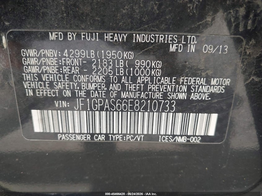 2014 Subaru Impreza VIN JF1GPAS66E8210733 IAAI salvage auction — NORMAL WEAR, Clear (Pennsylvania), sold $1,400 on 2026-07-08 (photo 9)
