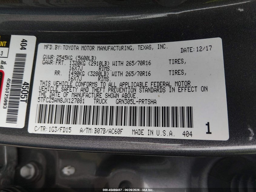 2018 Toyota Tacoma VIN 5TFCZ5AN8JX127081 IAAI salvage auction — FRONT END, Salvage Title, sold $12,450 on 2026-07-22 (photo 9)