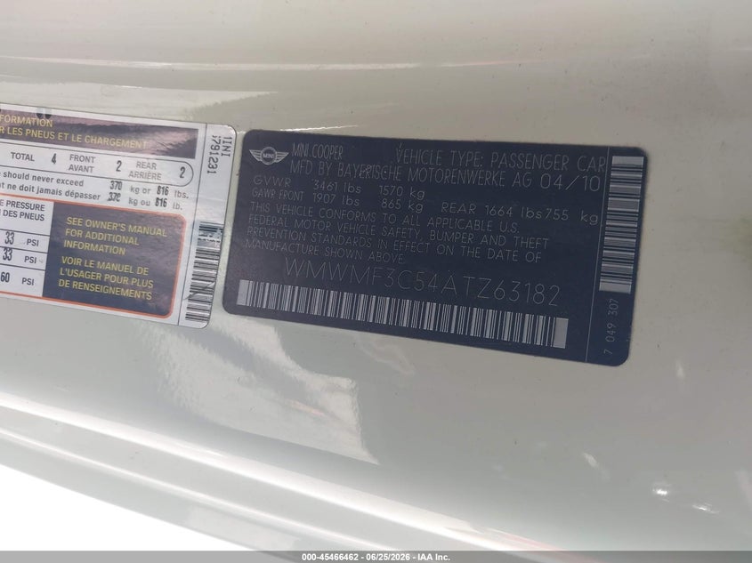 2010 Mini Cooper VIN WMWMF3C54ATZ63182 IAAI salvage auction — NORMAL WEAR, Salvage (California), sold $275 on 2026-07-28 (photo 9)