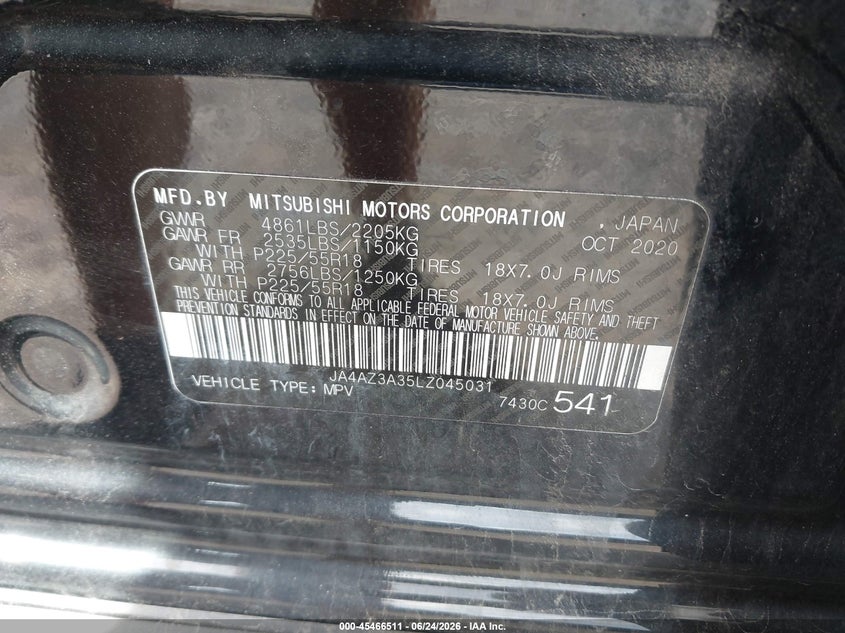 2020 Mitsubishi Outlander VIN JA4AZ3A35LZ045031 IAAI salvage auction — FRONT END, Salvage Title, sold $1,150 on 2026-07-28 (photo 9)