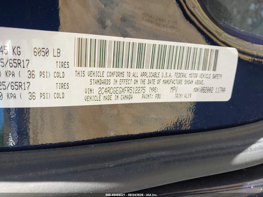 2015 Dodge Caravan VIN 2C4RDGEGXFR512275 IAAI salvage auction — NORMAL WEAR, Clear (Virginia), sold $525 on 2026-07-22 (photo 9)