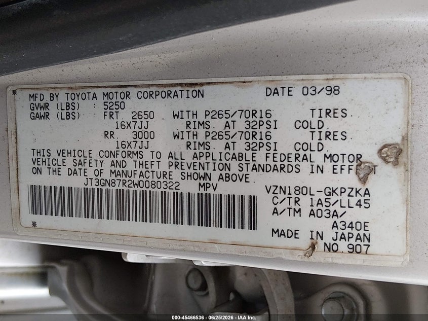 1998 Toyota 4runner VIN JT3GN87R2W0080322 IAAI salvage auction — NORMAL WEAR, Clear (Washington), sold $1,175 on 2026-07-29 (photo 9)