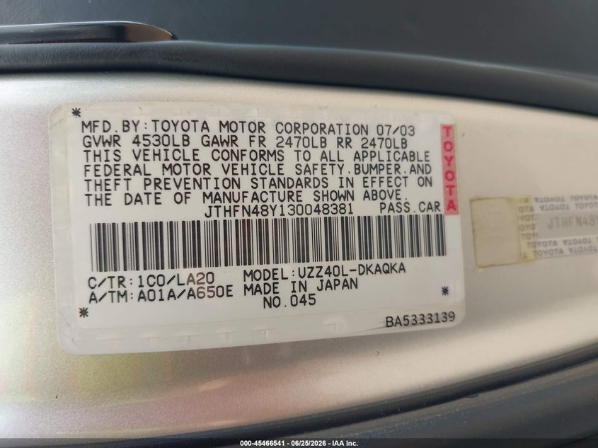 2003 Lexus Sc 430 VIN JTHFN48Y130048381 IAAI salvage auction — NORMAL WEAR, Clear (Alabama), sold $1,050 on 2026-07-29 (photo 9)