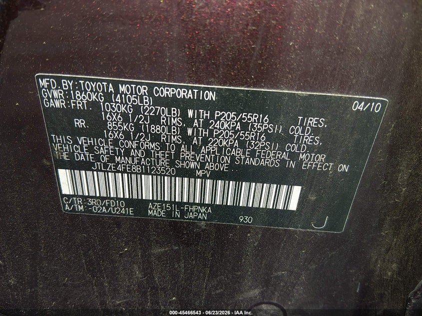 2011 Scion Xb VIN JTLZE4FE8B1123520 IAAI salvage auction — NORMAL WEAR, Clear (Virginia), sold $1,000 on 2026-07-24 (photo 9)