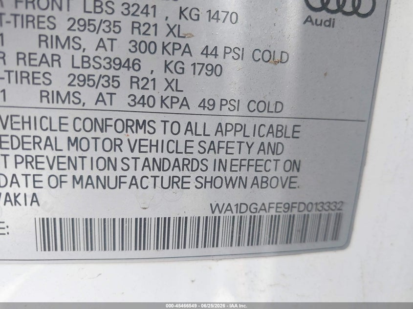 2015 Audi Q7 VIN WA1DGAFE9FD013332 IAAI salvage auction — ROOF, Salvage (California), sold $600 on 2026-07-29 (photo 9)