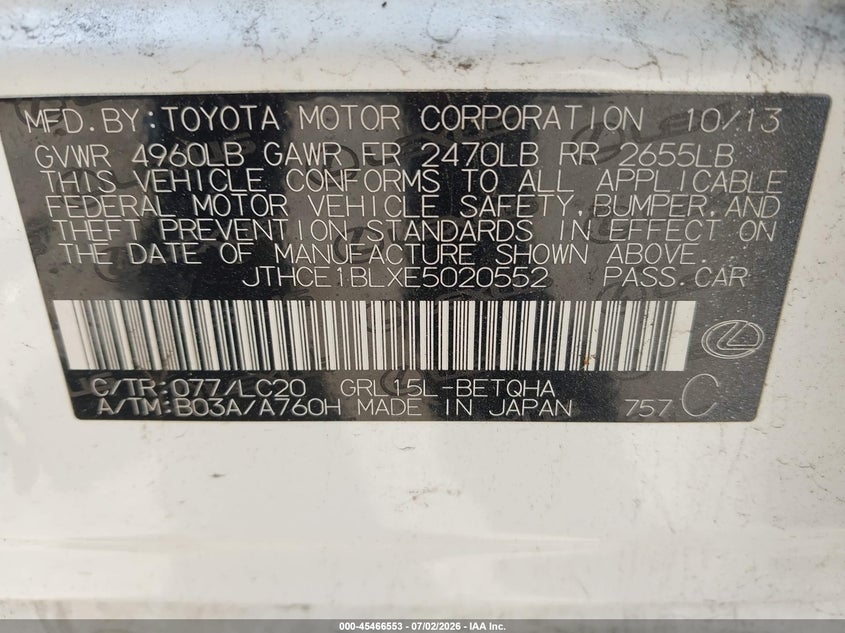 2014 Lexus Gs VIN JTHCE1BLXE5020552 IAAI salvage auction — LEFT SIDE, Mv-907A (New York), sold $1,700 on 2026-07-21 (photo 9)