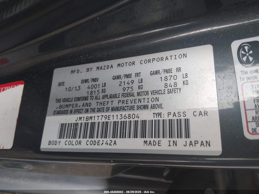 2014 Mazda 3 VIN JM1BM1T79E1136804 IAAI salvage auction — WATER/FLOOD, Salvage (Louisiana), sold $250 on 2026-08-31 (photo 9)