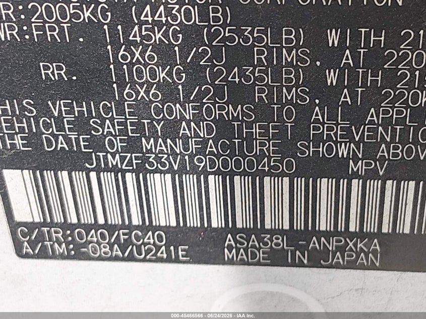 2009 Toyota Rav4 VIN JTMZF33V19D000450 IAAI salvage auction — REAR END, Original (Texas), sold $1,900 on 2026-07-28 (photo 9)
