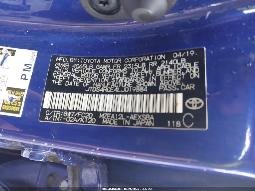 2020 Toyota Corolla VIN JTDS4RCE4LJ019884 IAAI salvage auction — RIGHT FRONT, Mv-907A (New York), sold $4,350 on 2026-07-29 (photo 9)