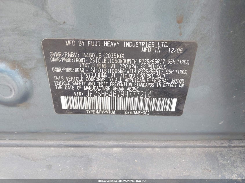 2009 Subaru Forester VIN JF2SH64679H777214 IAAI salvage auction — NORMAL WEAR, Clear (Washington), sold $325 on 2026-07-08 (photo 9)