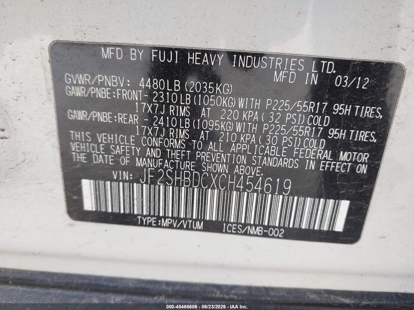 2012 Subaru Forester VIN JF2SHBDCXCH454619 IAAI salvage auction — FRONT END, Clear (Wisconsin), sold $850 on 2026-07-10 (photo 9)