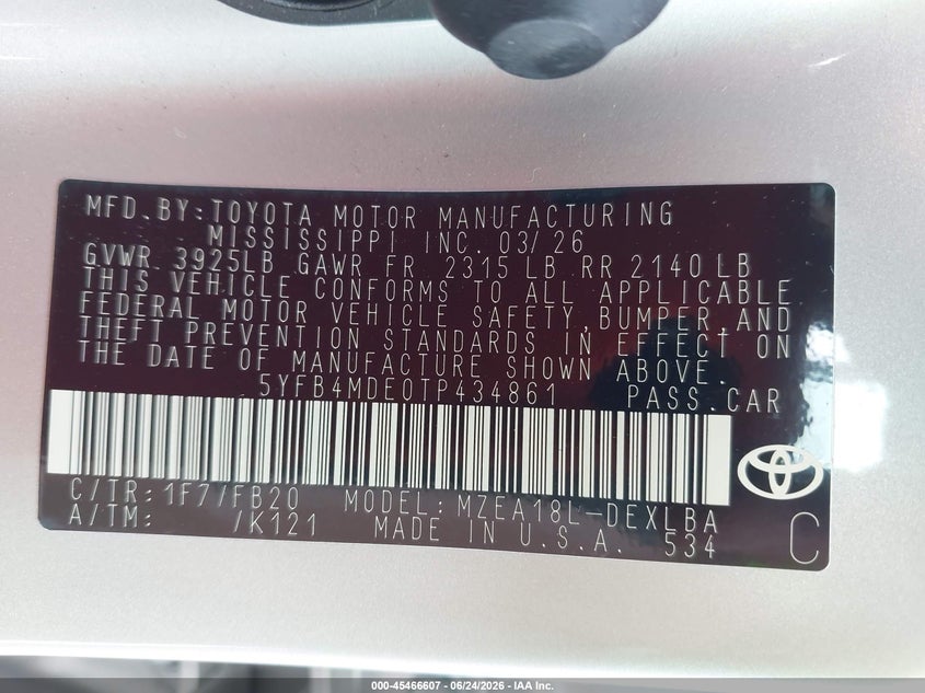 2026 Toyota Corolla VIN 5YFB4MDE0TP434861 IAAI salvage auction — FRONT END, Salvage Title, sold $14,050 on 2026-07-07 (photo 9)