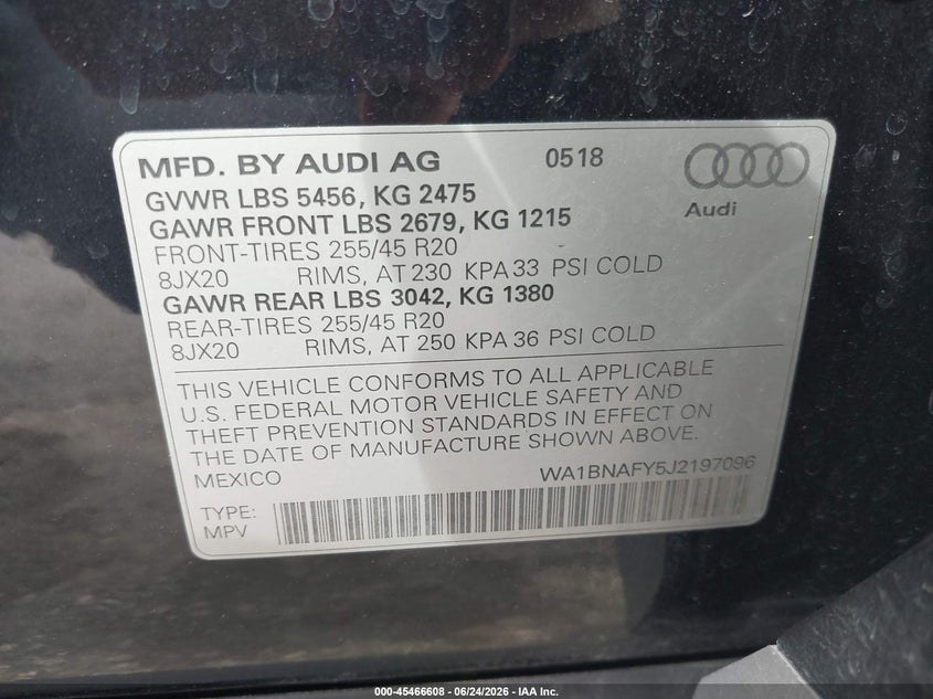 2018 Audi Q5 VIN WA1BNAFY5J2197096 IAAI salvage auction — RIGHT REAR, Salvage (Kansas), sold $9,050 on 2026-08-01 (photo 9)