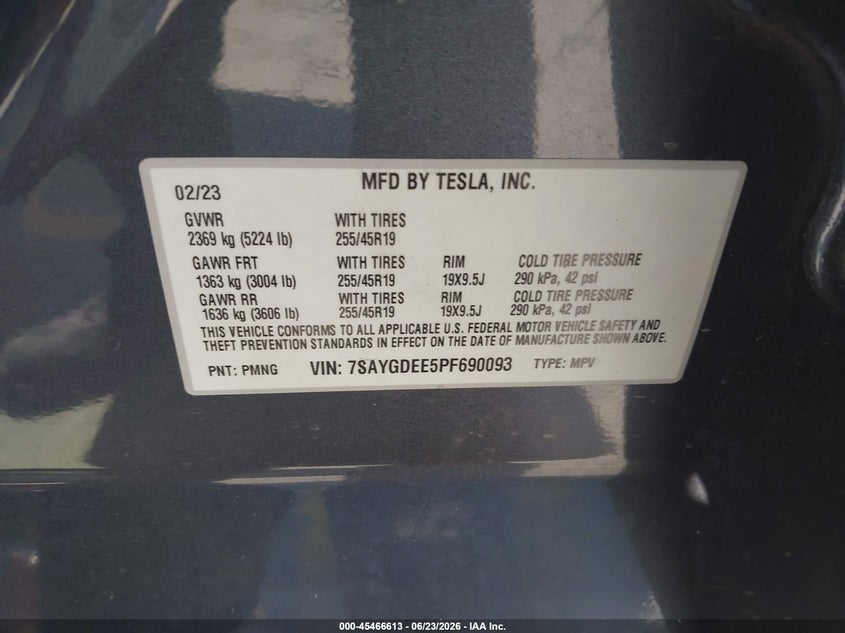 2023 Tesla Model y VIN 7SAYGDEE5PF690093 IAAI salvage auction — REAR END, Salvage (Oregon), sold $12,000 on 2026-08-23 (photo 9)