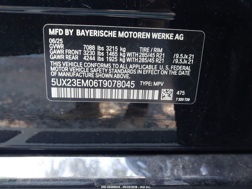 2026 BMW X7 VIN 5UX23EM06T9078045 IAAI salvage auction — THEFT, Clear (New Jersey), sold $55,050 on 2026-07-08 (photo 9)