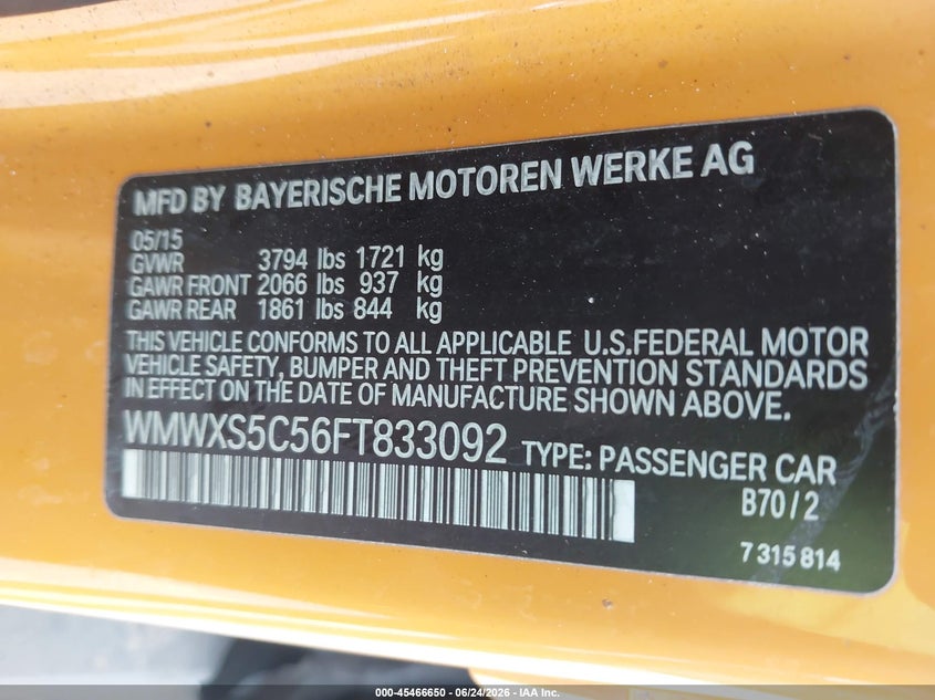 2015 Mini VIN WMWXS5C56FT833092 IAAI salvage auction — FRONT END, Rebuildable (Florida), sold $600 on 2026-07-22 (photo 9)