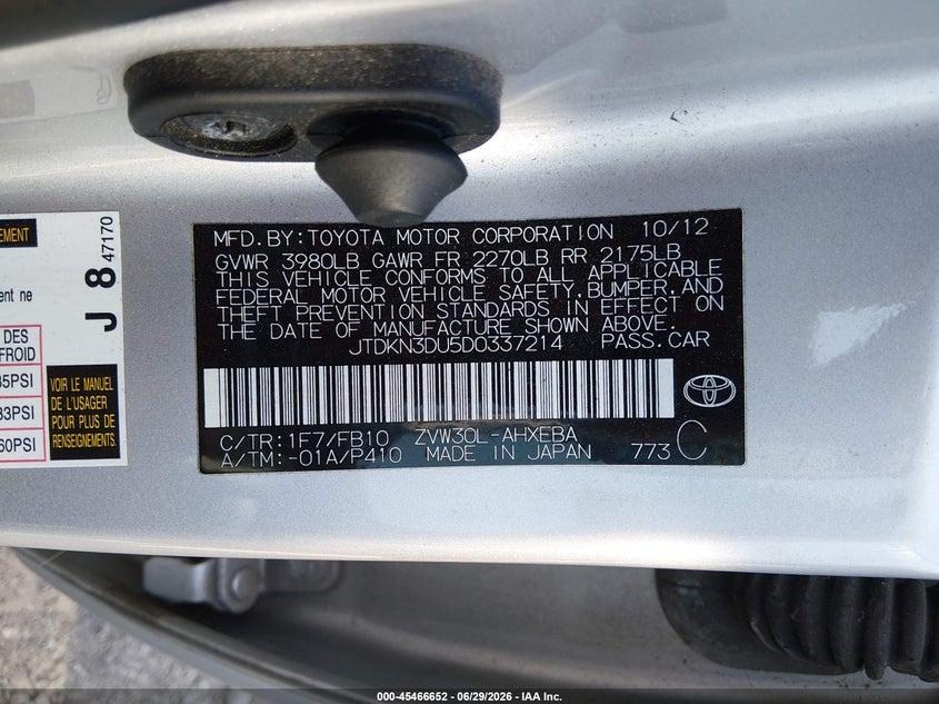 2013 Toyota Prius VIN JTDKN3DU5D0337214 IAAI salvage auction — NORMAL WEAR, Clear (Montana), sold $475 on 2026-07-30 (photo 9)