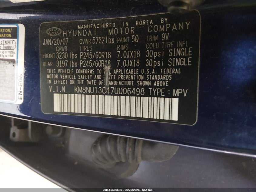 2007 Hyundai Veracruz VIN KM8NU13C47U006498 IAAI salvage auction — NORMAL WEAR, Clear (Tennessee), sold $275 on 2026-07-20 (photo 9)