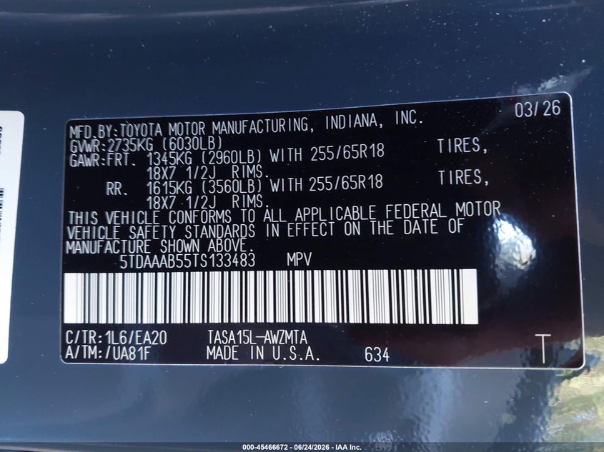 2026 Toyota Highlander VIN 5TDAAAB55TS133483 IAAI salvage auction — FRONT END, Clear (New York), sold $34,950 on 2026-07-08 (photo 9)