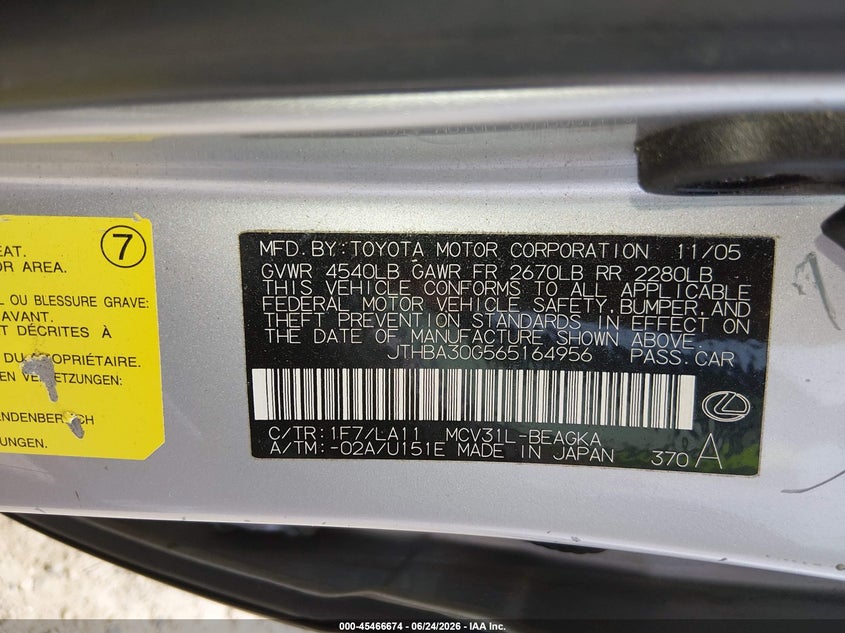 2006 Lexus ES VIN JTHBA30G565164956 IAAI salvage auction — REAR END, Salvage (Georgia), sold $800 on 2026-07-19 (photo 9)