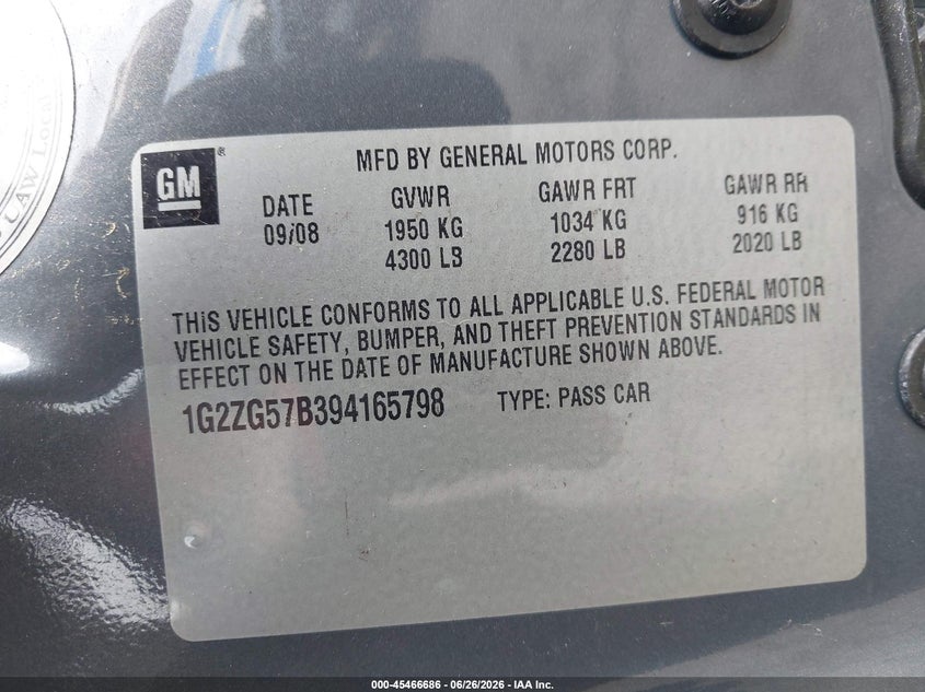 2009 Pontiac G6 VIN 1G2ZG57B394165798 IAAI salvage auction — NORMAL WEAR, Clear (Washington), sold $25 on 2026-07-08 (photo 9)