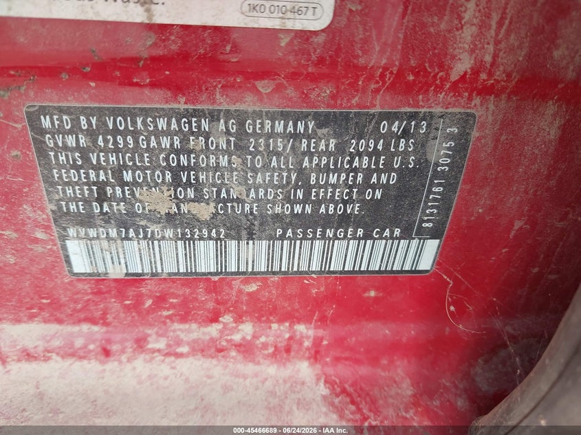 2013 Volkswagen Golf VIN WVWDM7AJ7DW132942 IAAI salvage auction — NORMAL WEAR, Clear (Illinois), sold $675 on 2026-07-22 (photo 9)