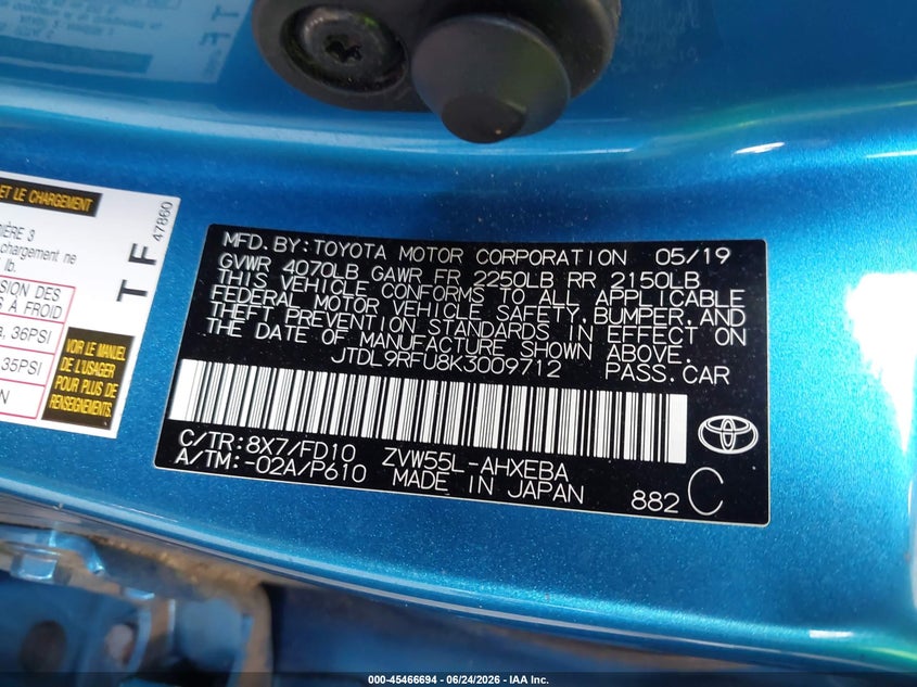 2019 Toyota Prius VIN JTDL9RFU8K3009712 IAAI salvage auction — STORM DAMAGE, Salvage Title, sold $3,750 on 2026-07-22 (photo 9)