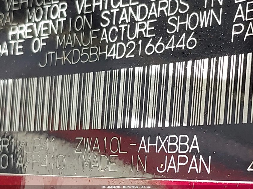 2013 Lexus Ct VIN JTHKD5BH4D2166446 IAAI salvage auction — REAR END, Original (Texas), sold $2,850 on 2026-07-24 (photo 9)