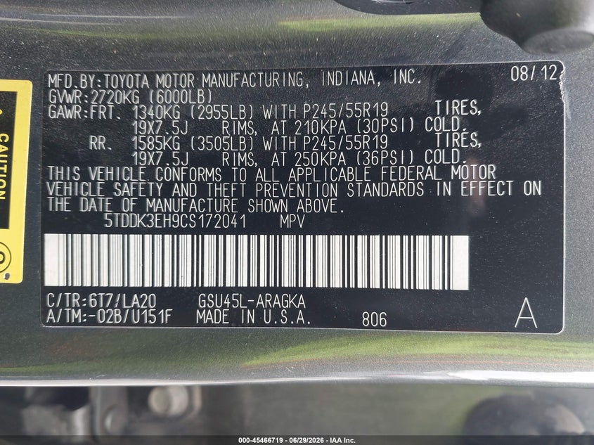 2012 Toyota Highlander VIN 5TDDK3EH9CS172041 IAAI salvage auction — FRONT END, Bill Of Sale (Washington), sold $3,100 on 2026-07-15 (photo 9)