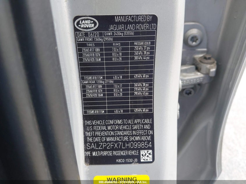 2020 Land rover Range rover evoque VIN SALZP2FX7LH099854 IAAI salvage auction — LEFT REAR, Salvage Title, sold $10,150 on 2026-08-13 (photo 9)