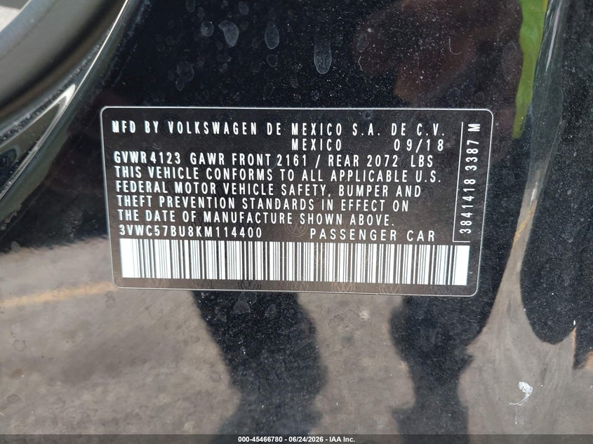 2019 Volkswagen Jetta VIN 3VWC57BU8KM114400 IAAI salvage auction — FRONT END, Rebuildable (Florida), sold $2,400 on 2026-08-29 (photo 9)