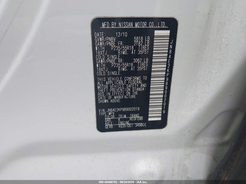 2011 Nissan Quest VIN JN8AE2KP9B9002019 IAAI salvage auction — NORMAL WEAR, Clear (Virginia), sold $25 on 2026-07-29 (photo 9)