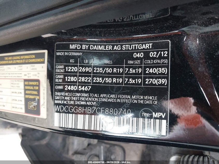 2012 Mercedes-benz Glk-klasse VIN WDCGG8HB7CF880740 IAAI salvage auction — NORMAL WEAR, Clear (Pennsylvania), sold $1,200 on 2026-07-10 (photo 9)