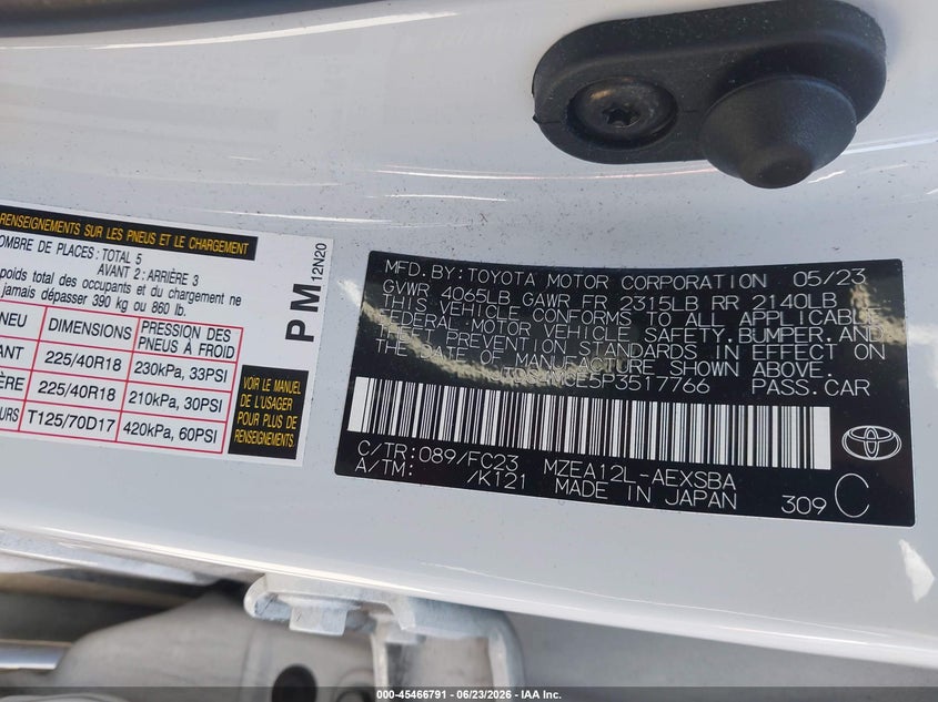 2023 Toyota Corolla VIN JTDS4MCE5P3517766 IAAI salvage auction — FRONT & REAR, Salvage (California), sold $7,200 on 2026-07-16 (photo 9)