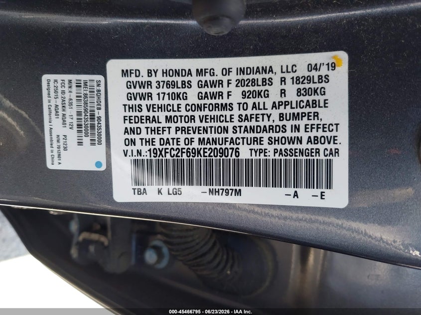 2019 Honda Civic VIN 19XFC2F69KE209076 IAAI salvage auction — FRONT END, Salvage (California), sold $3,950 on 2026-07-09 (photo 9)