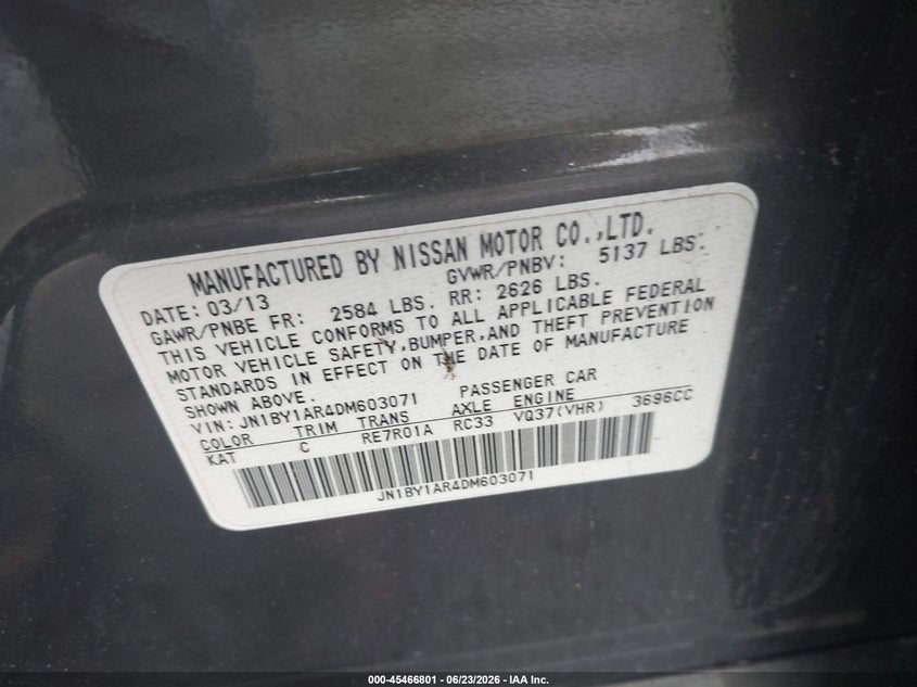 2013 Infiniti VIN JN1BY1AR4DM603071 IAAI salvage auction — NORMAL WEAR, Clear (Maryland), sold $450 on 2026-07-15 (photo 9)