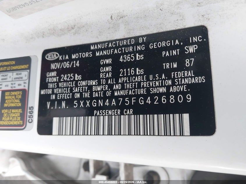 2015 Kia Optima VIN 5XXGN4A75FG426809 IAAI salvage auction — FRONT & REAR, Salvage Certificate (California), sold $500 on 2026-07-10 (photo 9)