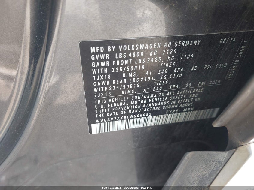 2015 Volkswagen Tiguan VIN WVGAV7AX9FW506082 IAAI salvage auction — NORMAL WEAR, Clear (Virginia), sold $825 on 2026-07-24 (photo 9)