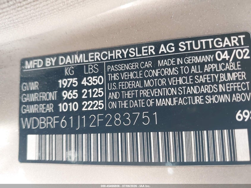 2002 Mercedes-benz C class VIN WDBRF61J12F283751 IAAI salvage auction — LEFT REAR, Salvage (California), sold $400 on 2026-07-16 (photo 9)