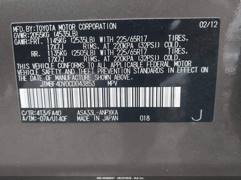 2012 Toyota VIN JTMBF4DV0CD043853 IAAI salvage auction — FRONT END, Salvage Title, sold $2,250 on 2026-08-01 (photo 9)