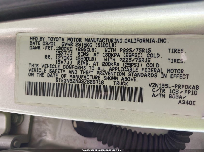 2002 Toyota Tacoma VIN 5TEGN92N32Z886718 IAAI salvage auction — FRONT END, Salvage (California), sold $4,350 on 2026-07-07 (photo 9)