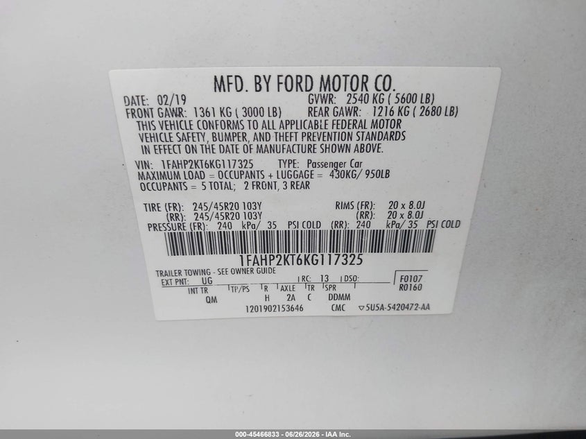 2019 Ford Taurus VIN 1FAHP2KT6KG117325 IAAI salvage auction — HAIL, Wait Title, sold $7,000 on 2026-08-04 (photo 9)