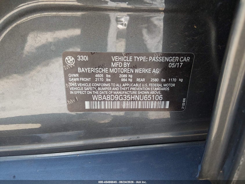 2017 BMW VIN WBA8D9G35HNU65106 IAAI salvage auction — LEFT & RIGHT, Salvage (New Jersey), sold $5,400 on 2026-08-03 (photo 9)