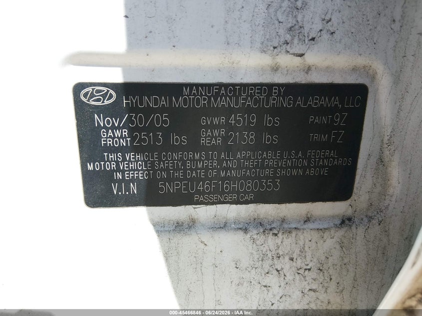2006 Hyundai Sonata VIN 5NPEU46F16H080353 IAAI salvage auction — FRONT END, Salvage (Idaho), sold $400 on 2026-07-14 (photo 9)
