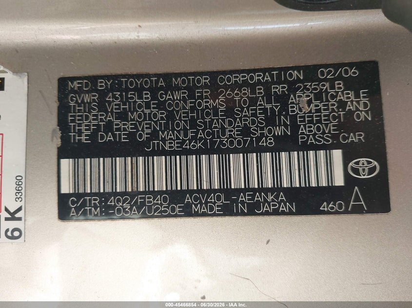 2007 Toyota Camry VIN JTNBE46K173007148 IAAI salvage auction — FRONT END, Salvage - Greater Than 75% (Maryland), sold $25 on 2026-07-21 (photo 9)