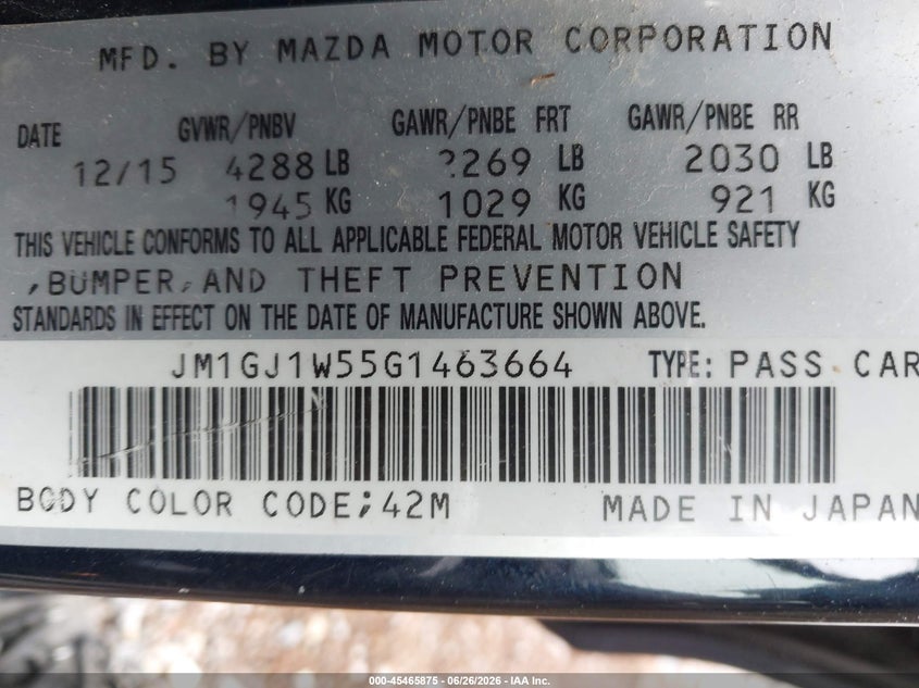 2016 Mazda 6 VIN JM1GJ1W55G1463664 IAAI salvage auction — FRONT END, Salvage (Pennsylvania), sold $400 on 2026-07-15 (photo 9)