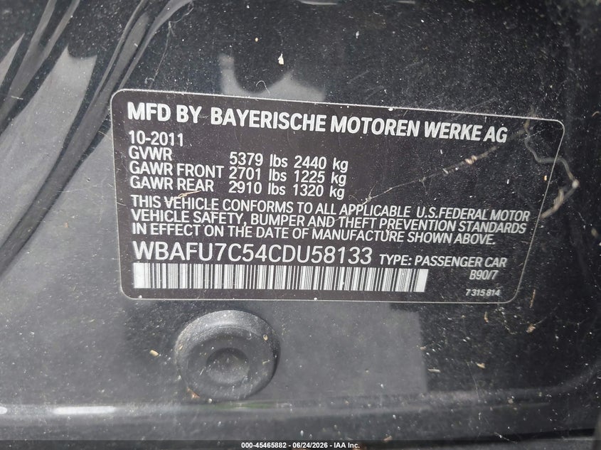 2012 BMW 5er VIN WBAFU7C54CDU58133 IAAI salvage auction — NORMAL WEAR, Clear (New York), sold $375 on 2026-07-23 (photo 9)