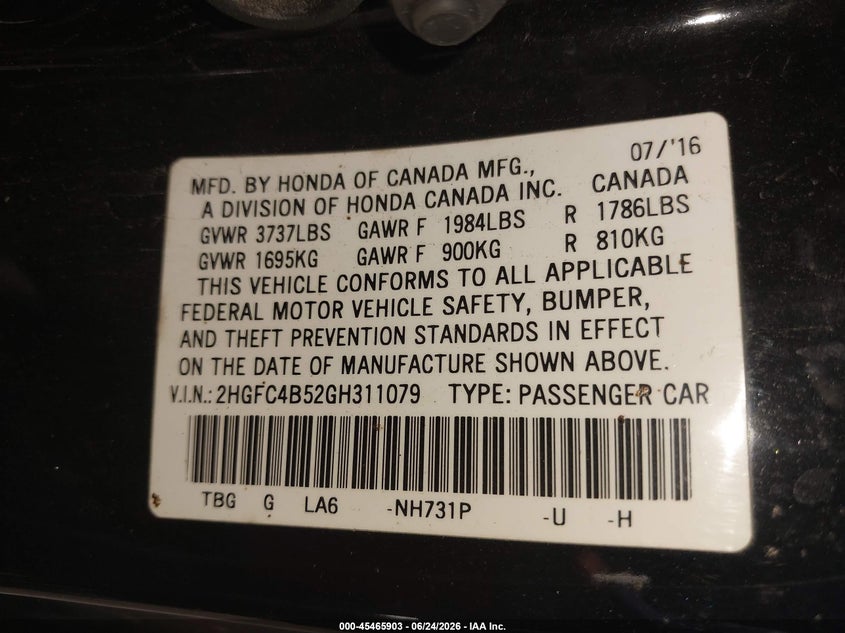 2016 Honda Civic VIN 2HGFC4B52GH311079 IAAI salvage auction — FRONT END, Mv-907A (New York), sold $1,900 on 2026-08-03 (photo 9)