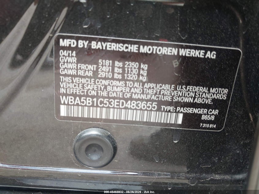 2014 BMW 5er VIN WBA5B1C53ED483655 IAAI salvage auction — FRONT END, Salvage Title, sold $500 on 2026-08-19 (photo 9)