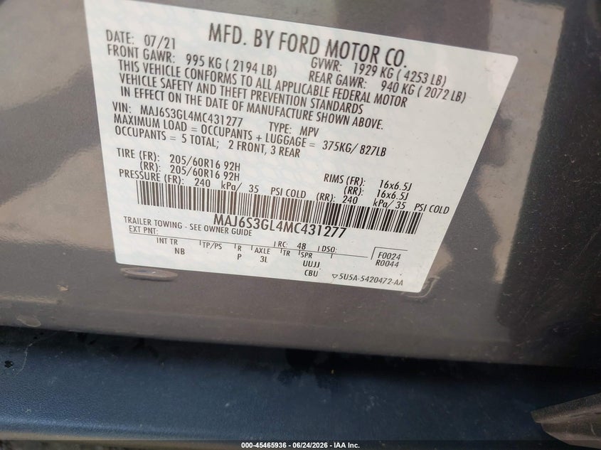 2021 Ford Ecosport VIN MAJ6S3GL4MC431277 IAAI salvage auction — FRONT END, Salvage Title, sold $2,550 on 2026-08-02 (photo 9)